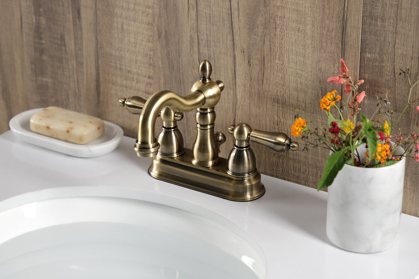 Elements of Design EB1603AL 4-Inch Centerset Bathroom Faucet with Plastic Pop-Up, Antique Brass