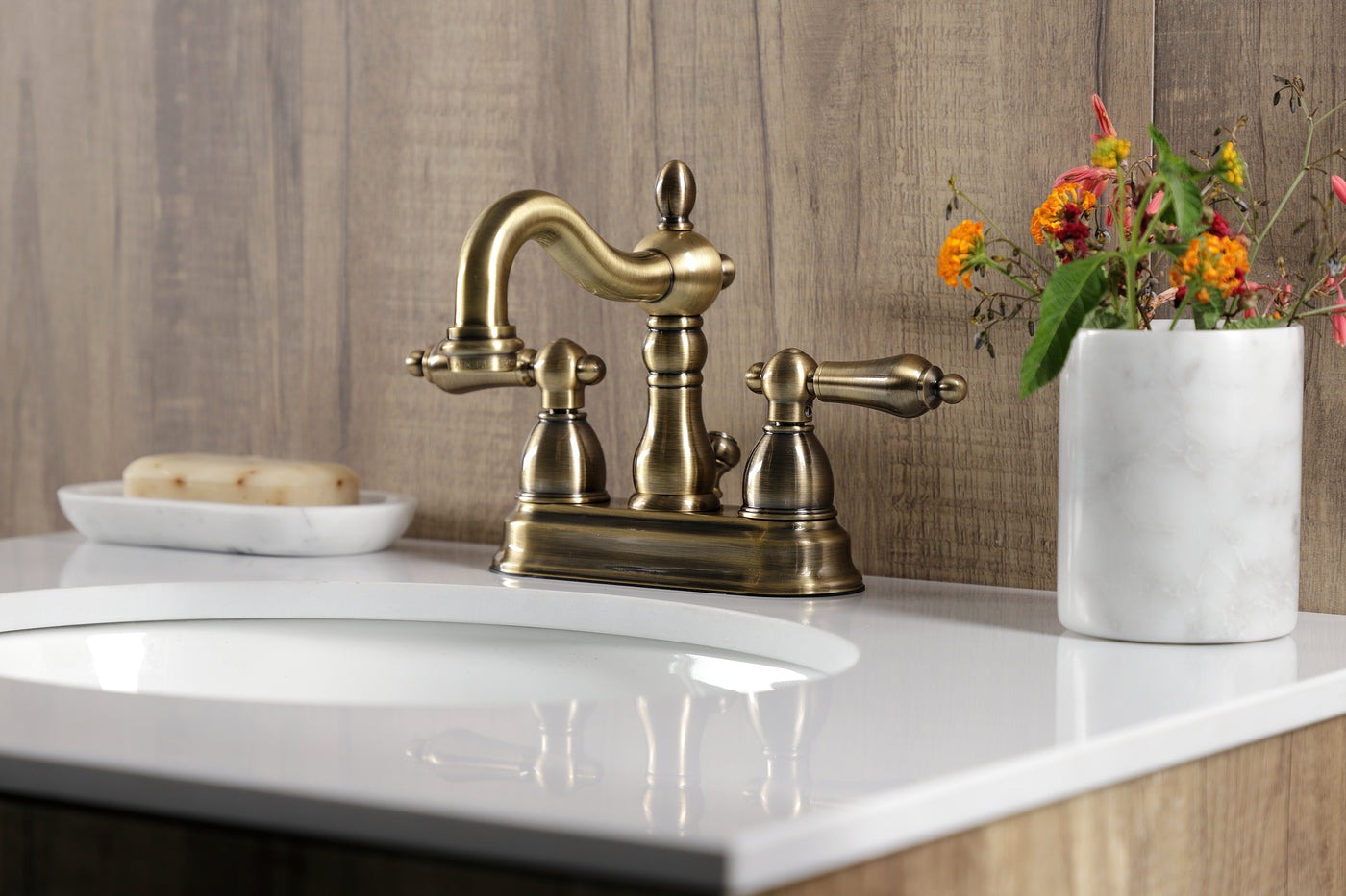 Elements of Design EB1603AL 4-Inch Centerset Bathroom Faucet with Plastic Pop-Up, Antique Brass