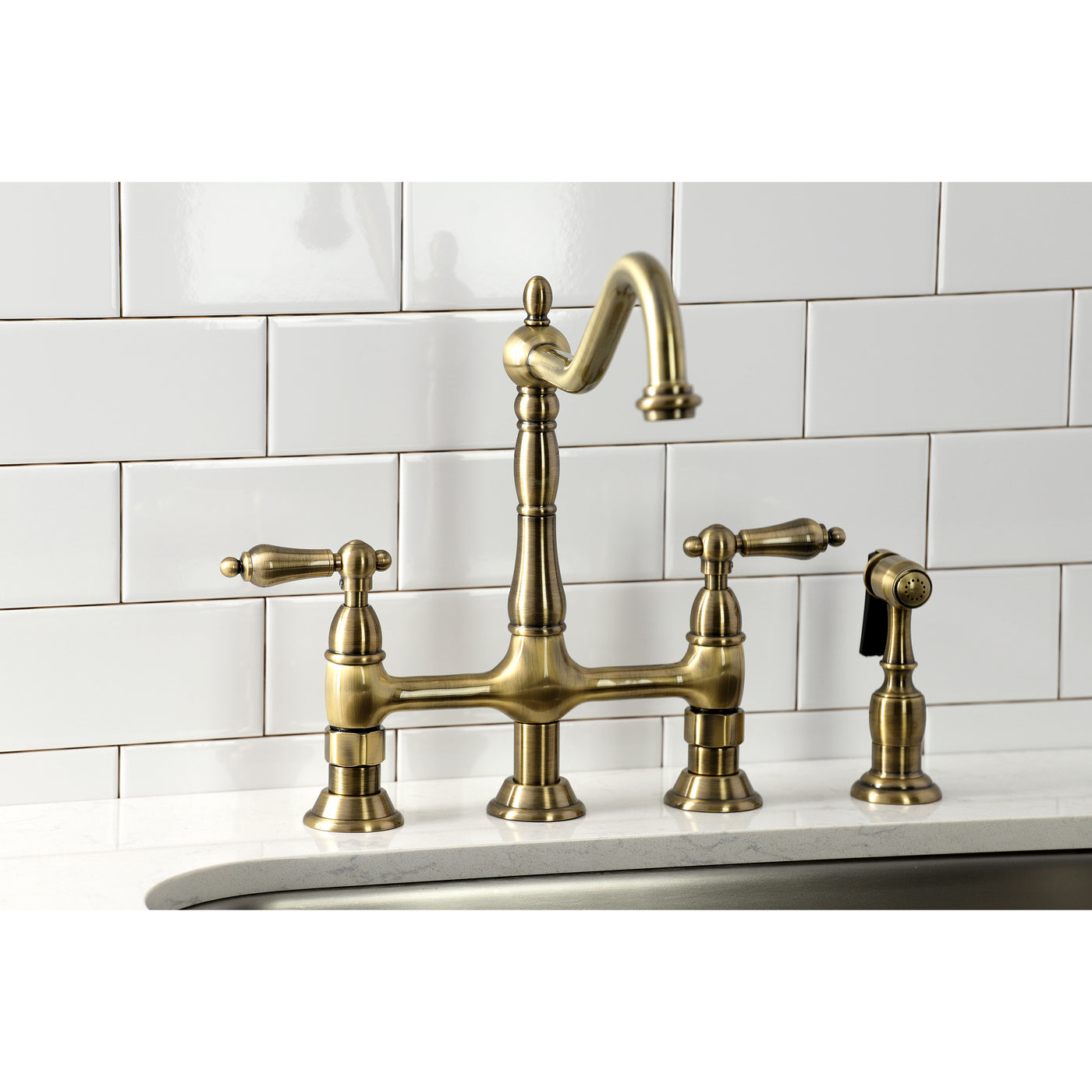 Elements of Design ES1273ALBS Bridge Kitchen Faucet with Brass Sprayer, Antique Brass