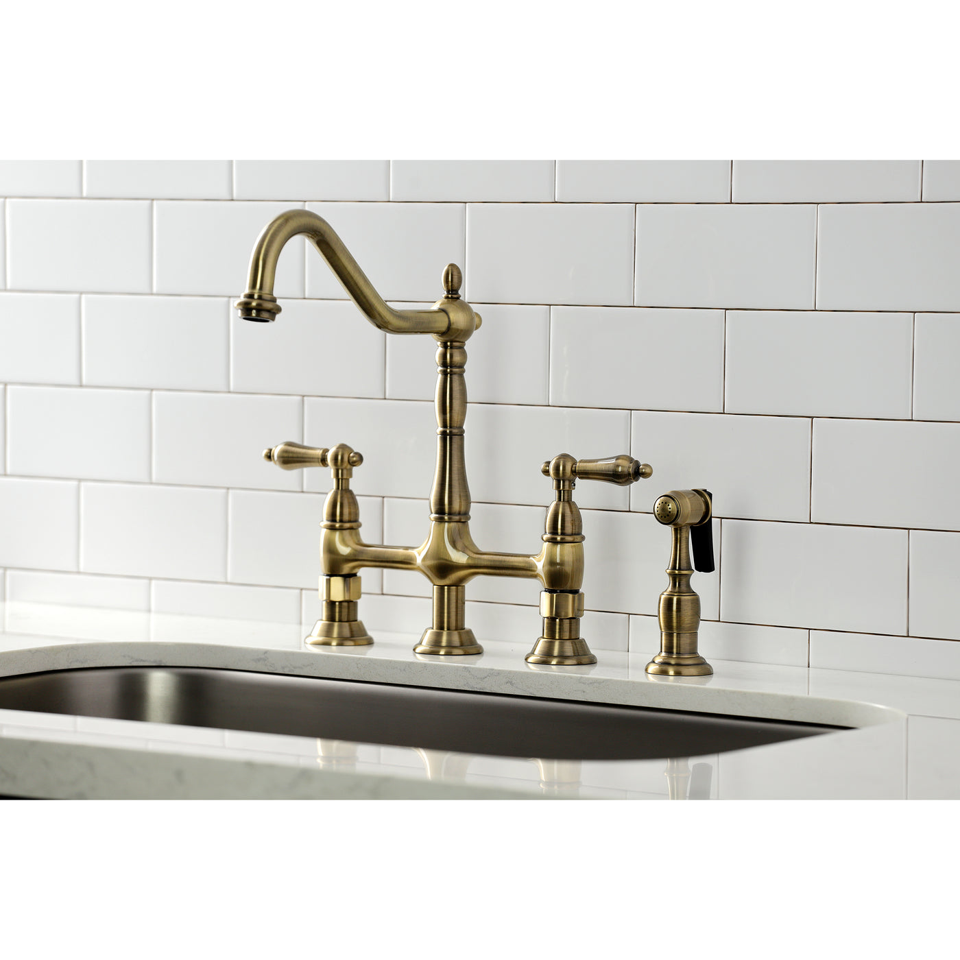 Elements of Design ES1273ALBS Bridge Kitchen Faucet with Brass Sprayer, Antique Brass