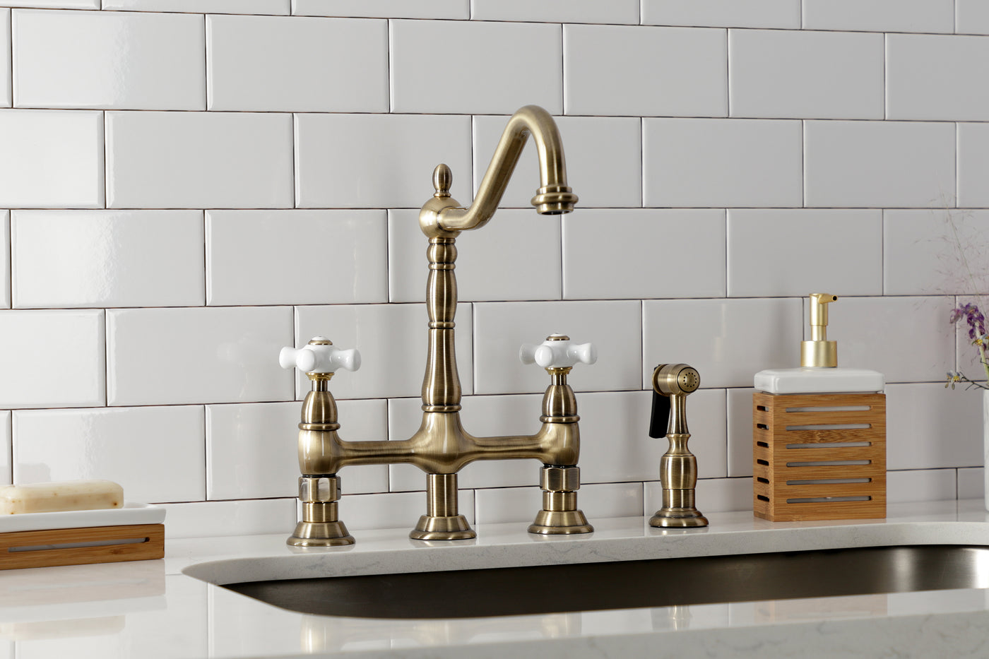 Elements of Design ES1273PXBS Bridge Kitchen Faucet with Brass Sprayer, Antique Brass