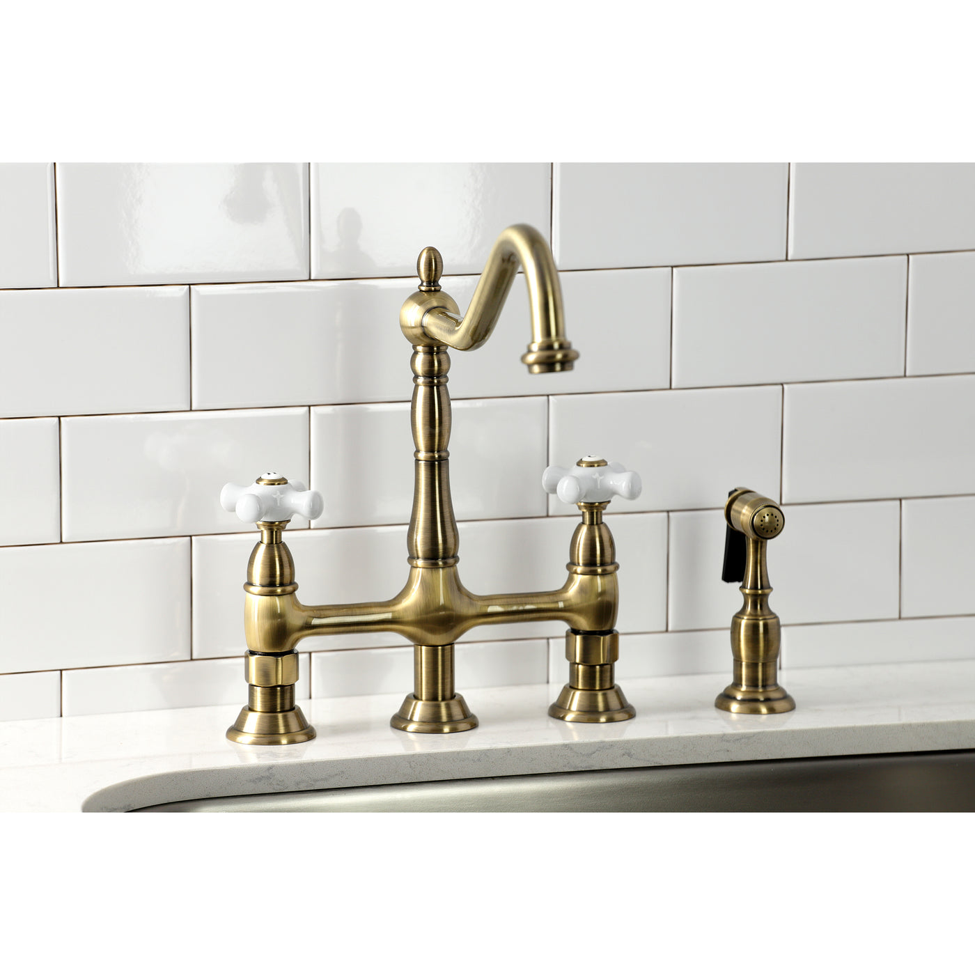 Elements of Design ES1273PXBS Bridge Kitchen Faucet with Brass Sprayer, Antique Brass