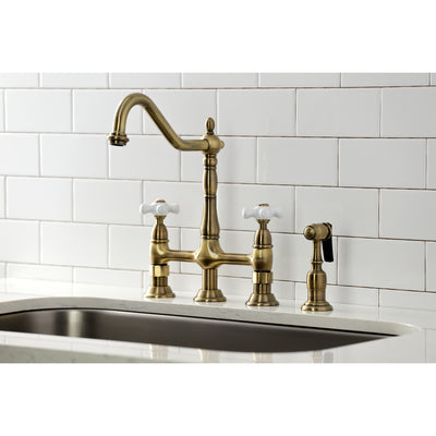 Elements of Design ES1273PXBS Bridge Kitchen Faucet with Brass Sprayer, Antique Brass