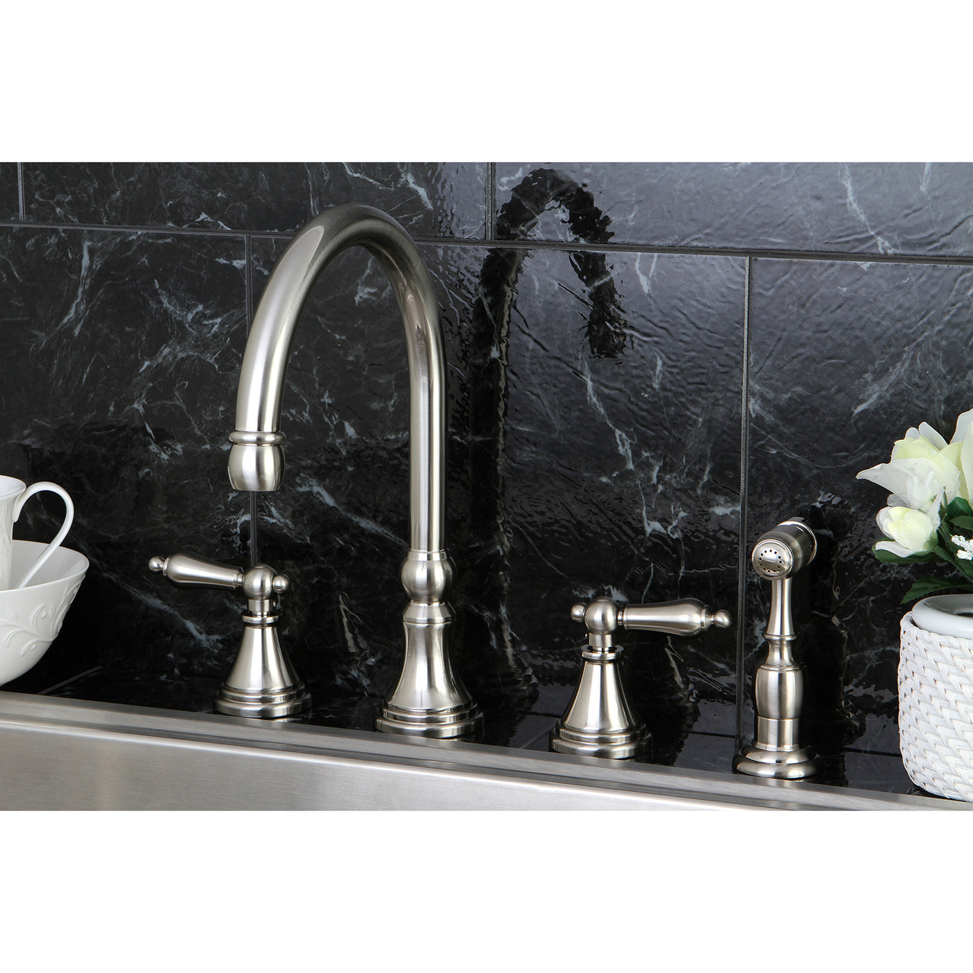 Elements of Design ES2798ALBS Widespread Kitchen Faucet with Brass Sprayer, Brushed Nickel